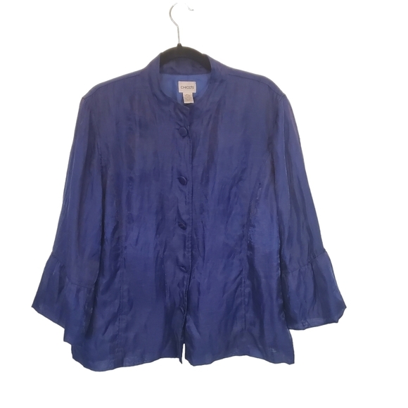 Chico's Size 3 Linen Blend Karise Blue Satin Jacket - Picture 1 of 8